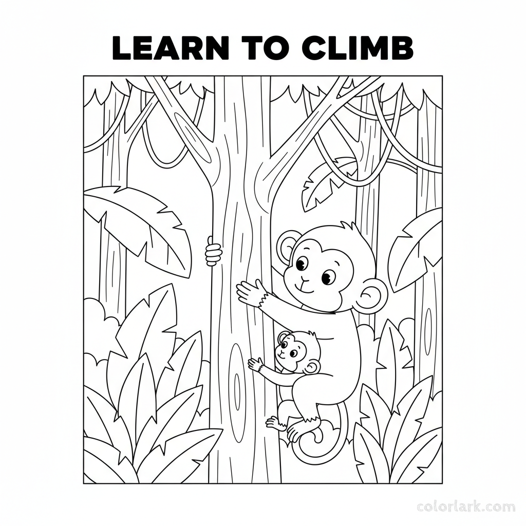 Black and white line art of a mother monkey teaching her baby to climb trees in an Indian jungle
