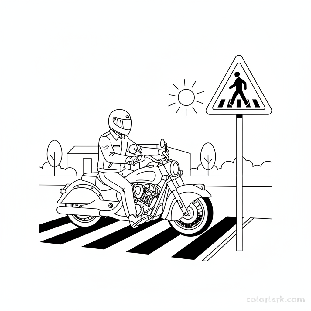 Black and white line art of an Indian motorcycle rider cautiously approaching an Indian pedestrian crossing warning sign.