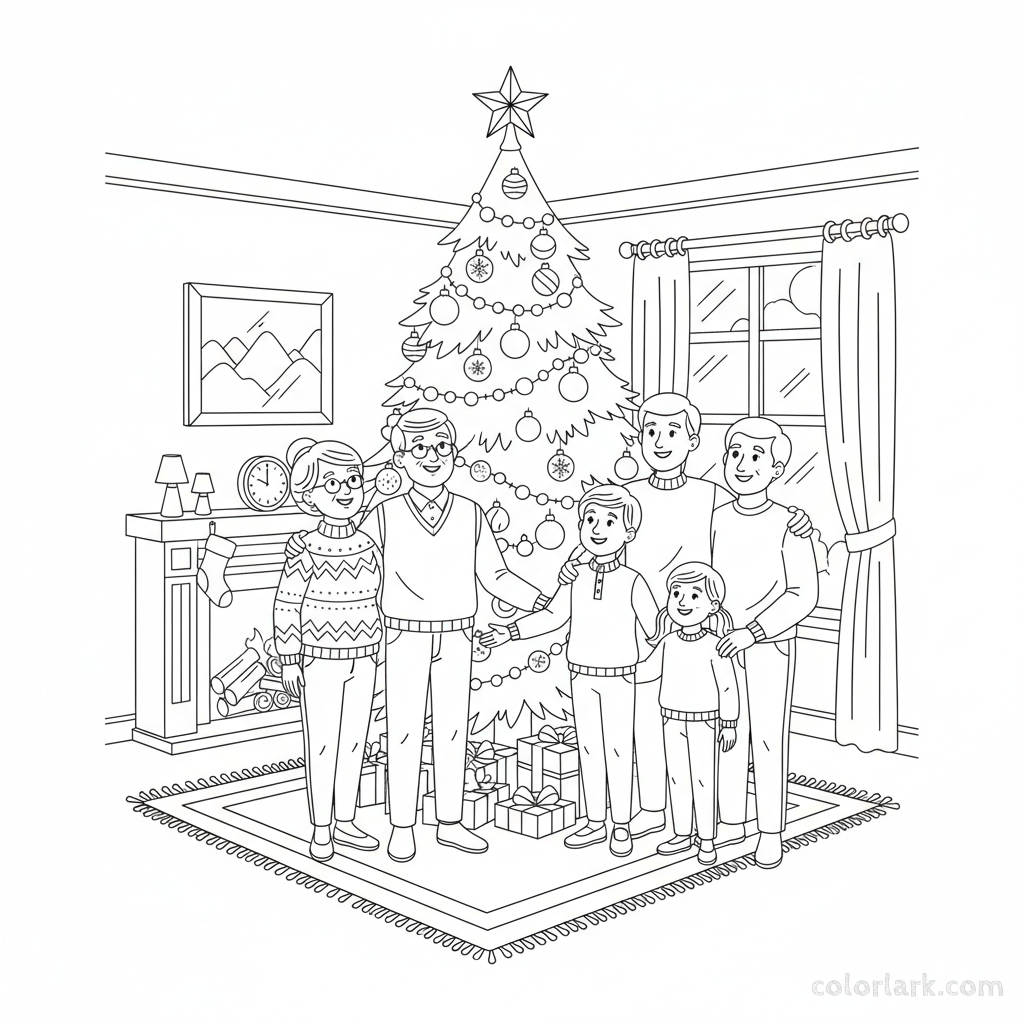 Black and white line art of a multi-generational family admiring a fully decorated Christmas tree.