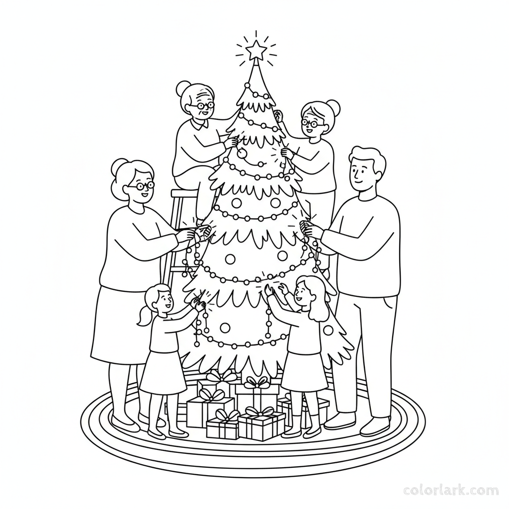 Black and white line art of a multi-generational family attaching fairy lights and glittery strands to a Christmas tree.
