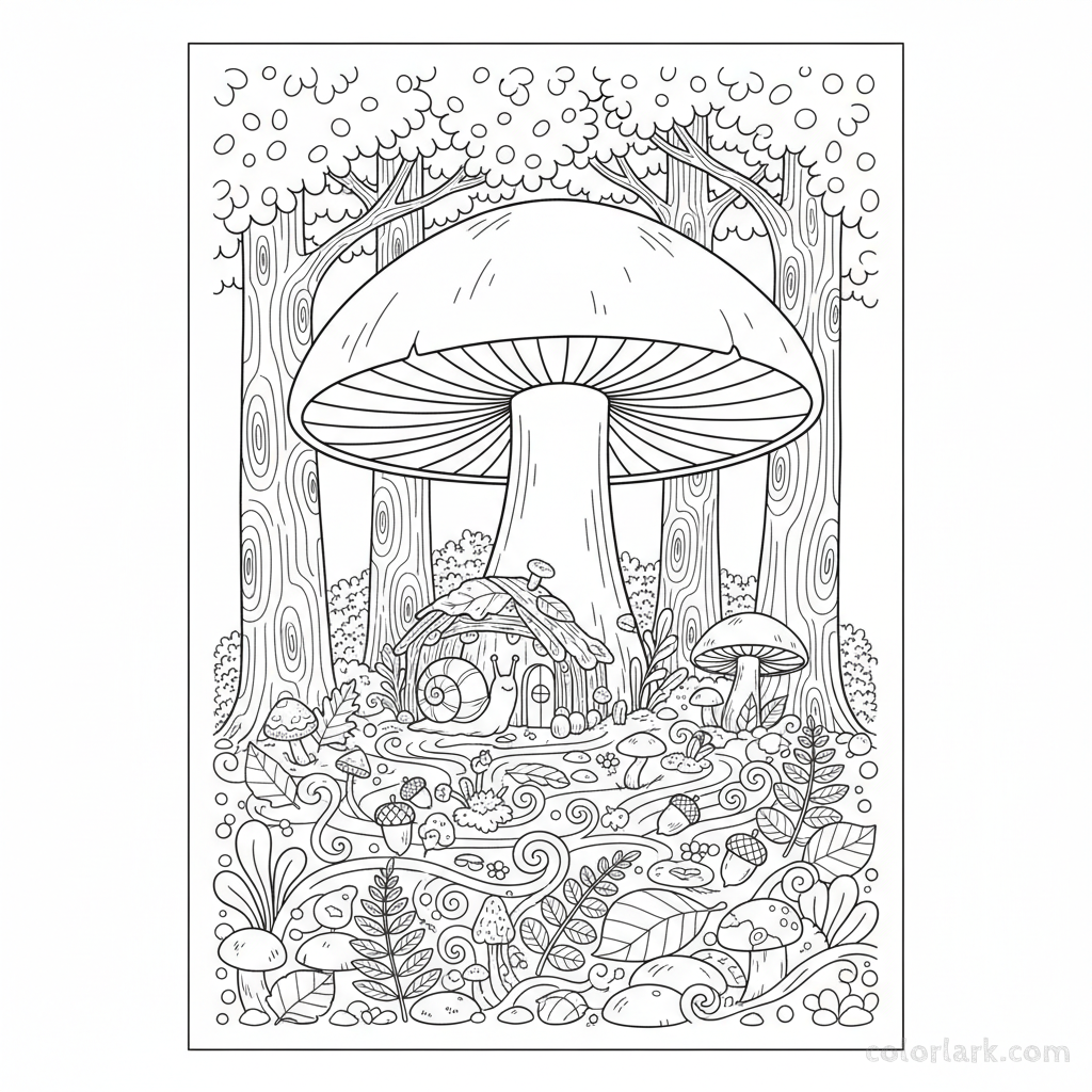 Black and white line art of a large mushroom providing a cozy home for a small snail, surrounded by fallen leaves and moss, for coloring.