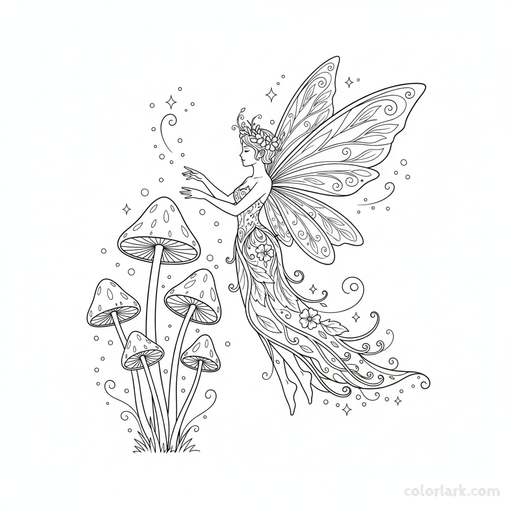 Black and white line art of a graceful garden fairy with delicate wings hovering near a cluster of tall, elegant mushrooms, for coloring.