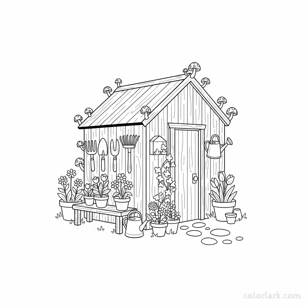 Black and white line art of a quaint garden potting shed adorned with mushrooms, garden tools, and potted plants, for coloring.