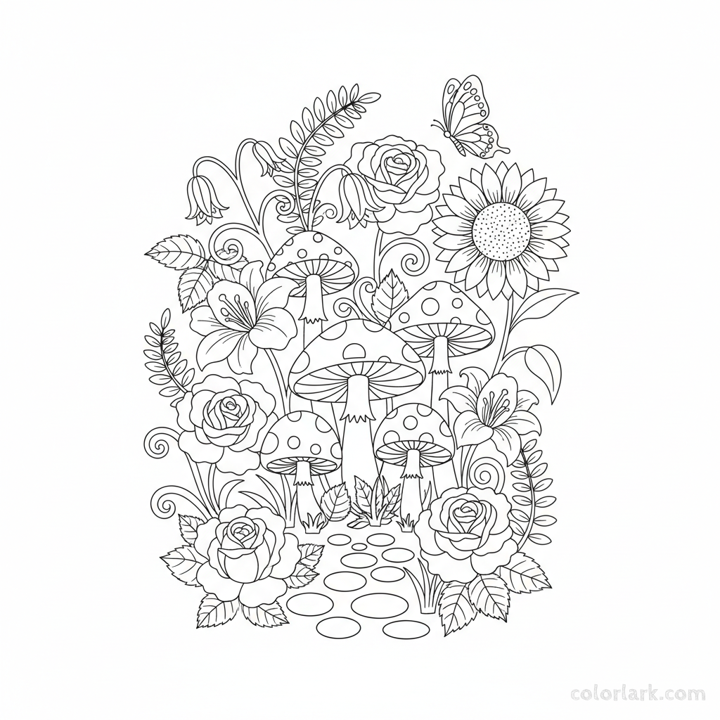 Black and white line art of a peaceful garden scene with various mushrooms, blooming flowers, and a graceful butterfly, for coloring.