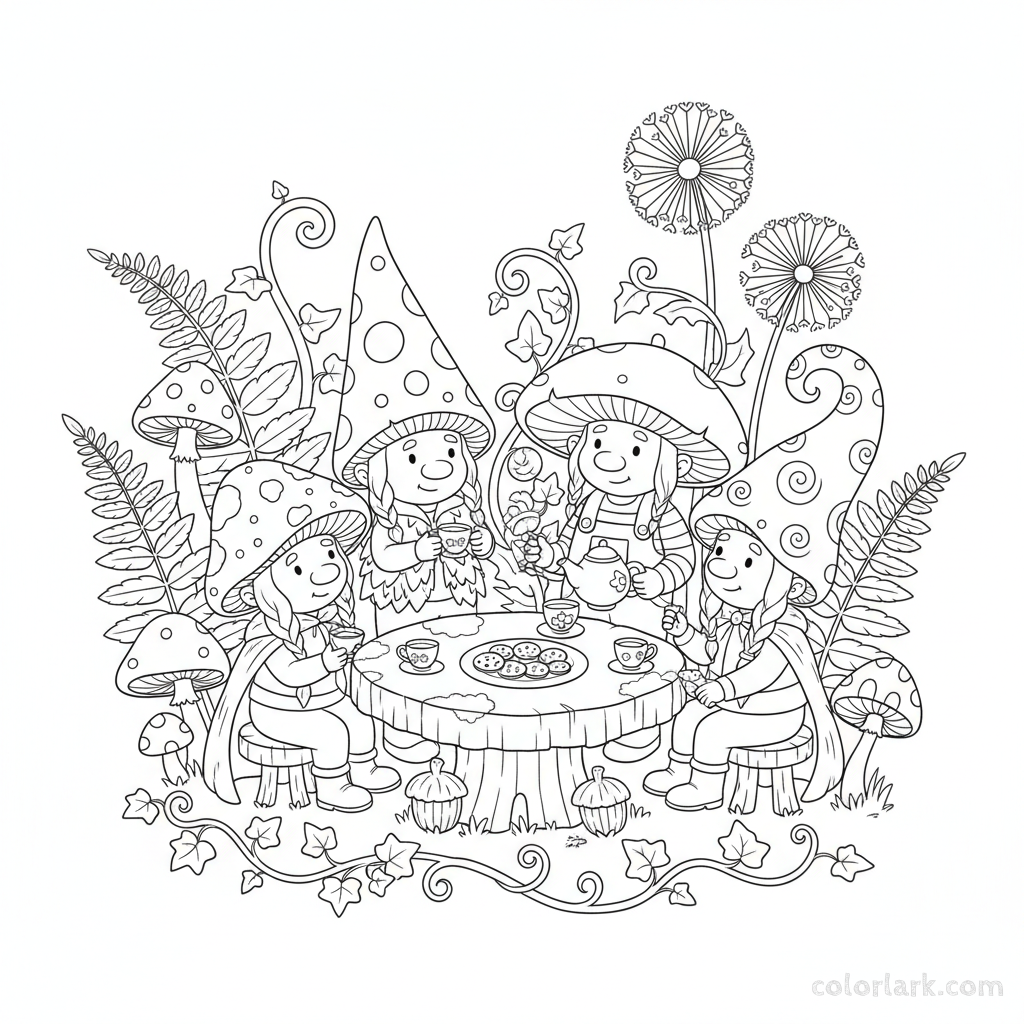 Black and white line art of several adorable mushroom gnomes having a charming tea party around a small stone table, for coloring.
