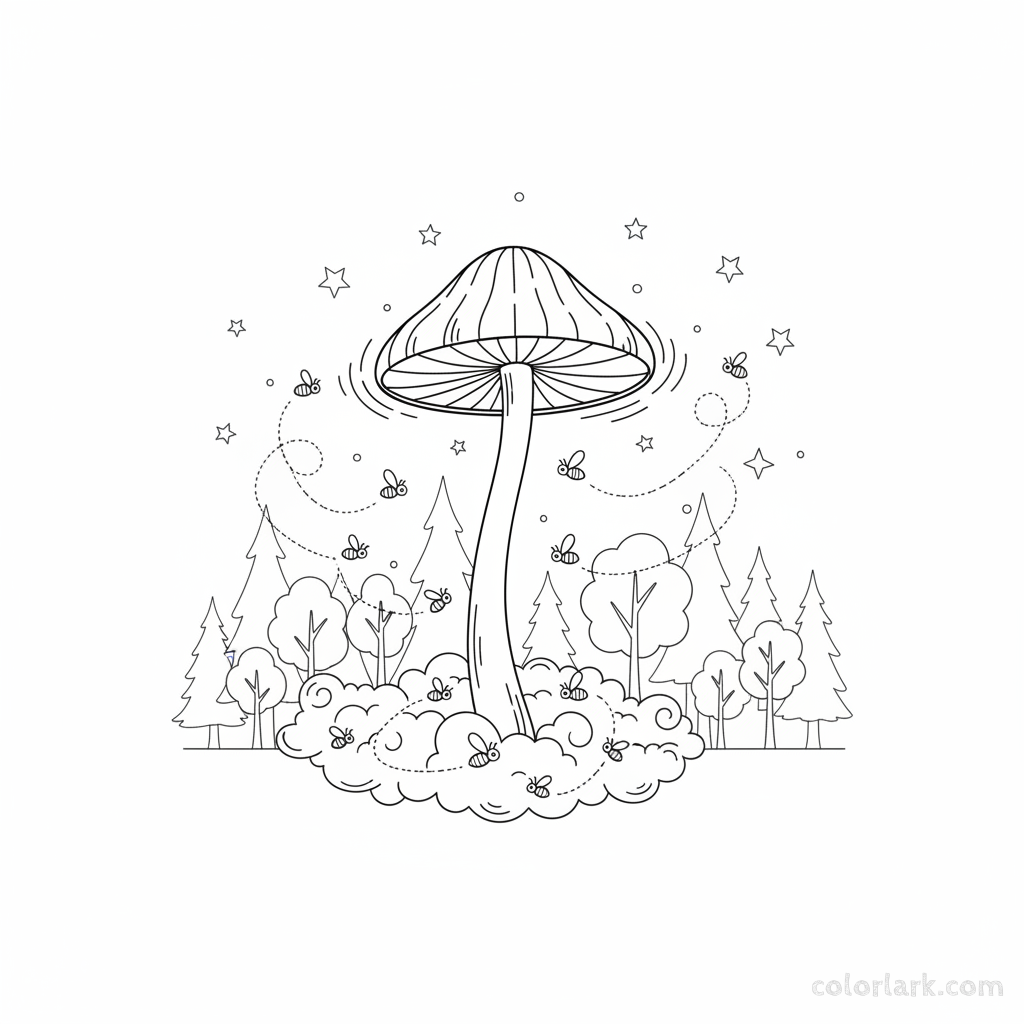 Black and white line art of an elegant mushroom lamp surrounded by fireflies in an enchanting evening forest scene, for coloring.