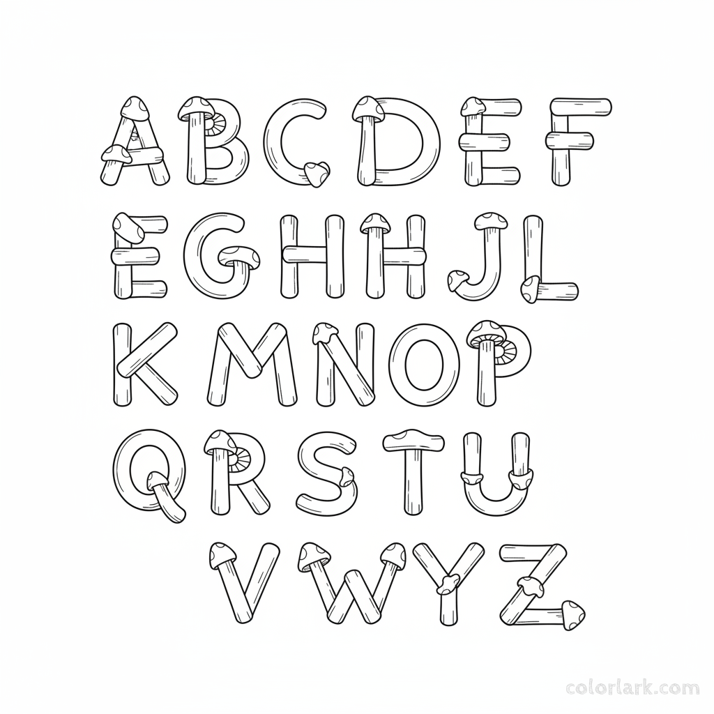 Black and white line art of the entire alphabet, where each letter is creatively formed by simple mushroom shapes, for coloring.