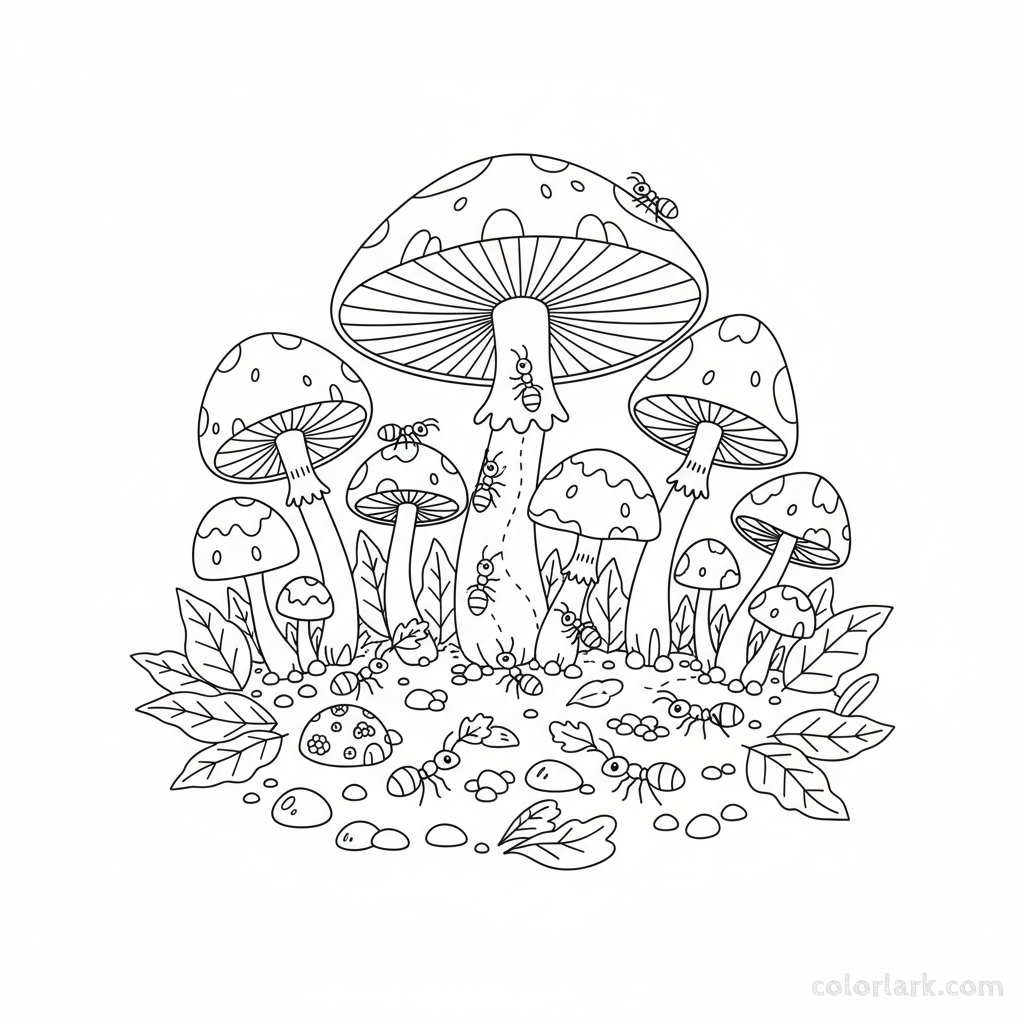 Black and white line art of a bustling mushroom patch with several ants actively working around small mushrooms, for coloring.
