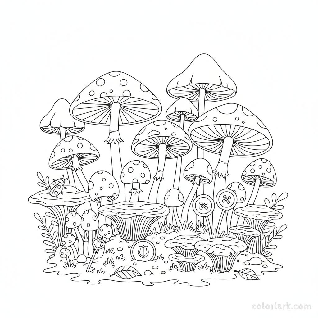 Black and white line art of a dense mushroom patch with several small, common objects cleverly hidden within the foliage, for coloring.