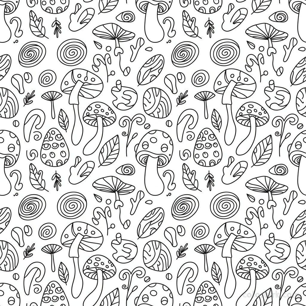 Black and white line art of a repeatable seamless pattern featuring various stylized mushrooms, for coloring.