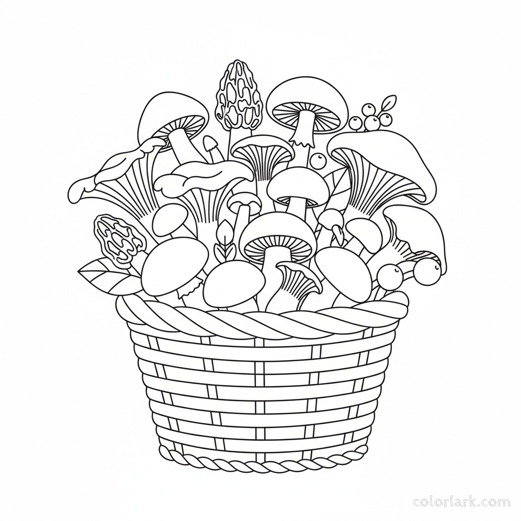 Black and white line art of a woven basket overflowing with a diverse assortment of freshly picked wild mushrooms, for coloring.