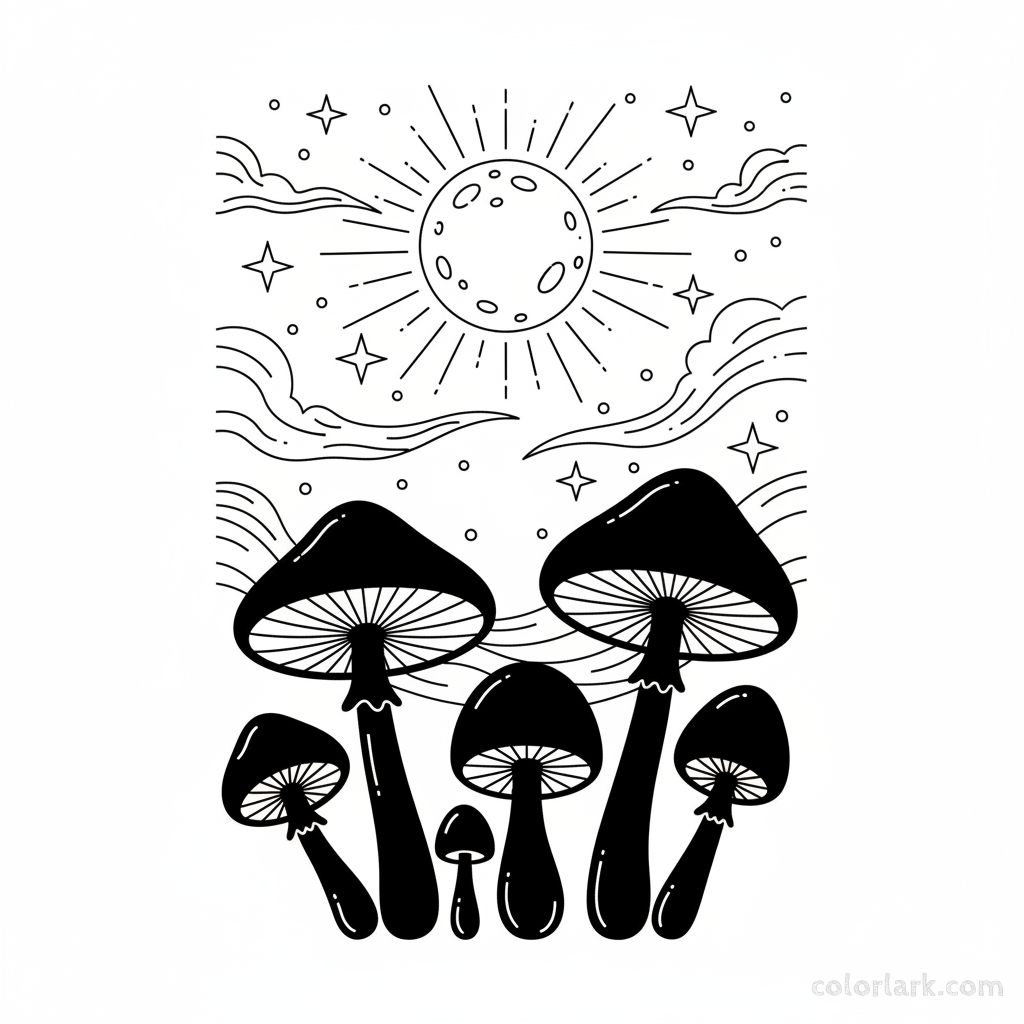 Black and white line art of bold silhouettes of various mushrooms against a detailed night sky with moon and stars, for coloring.
