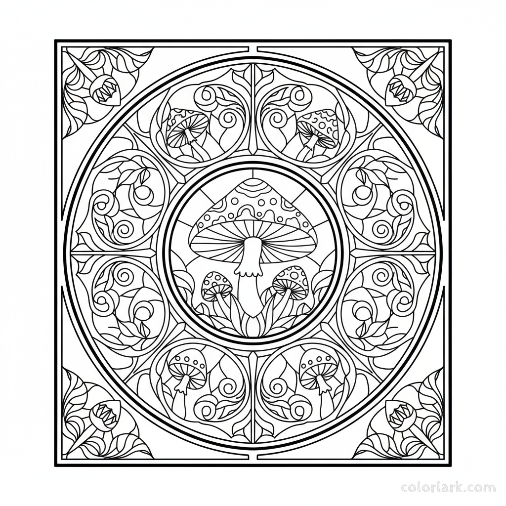 Black and white line art mimicking a stained glass window, with various stylized mushrooms arranged within lead-like outlines, for coloring.