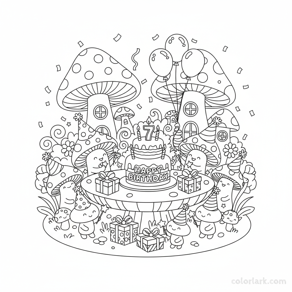 Black and white line art of a whimsical birthday party with cute mushroom characters, cake, balloons, and presents, for coloring.