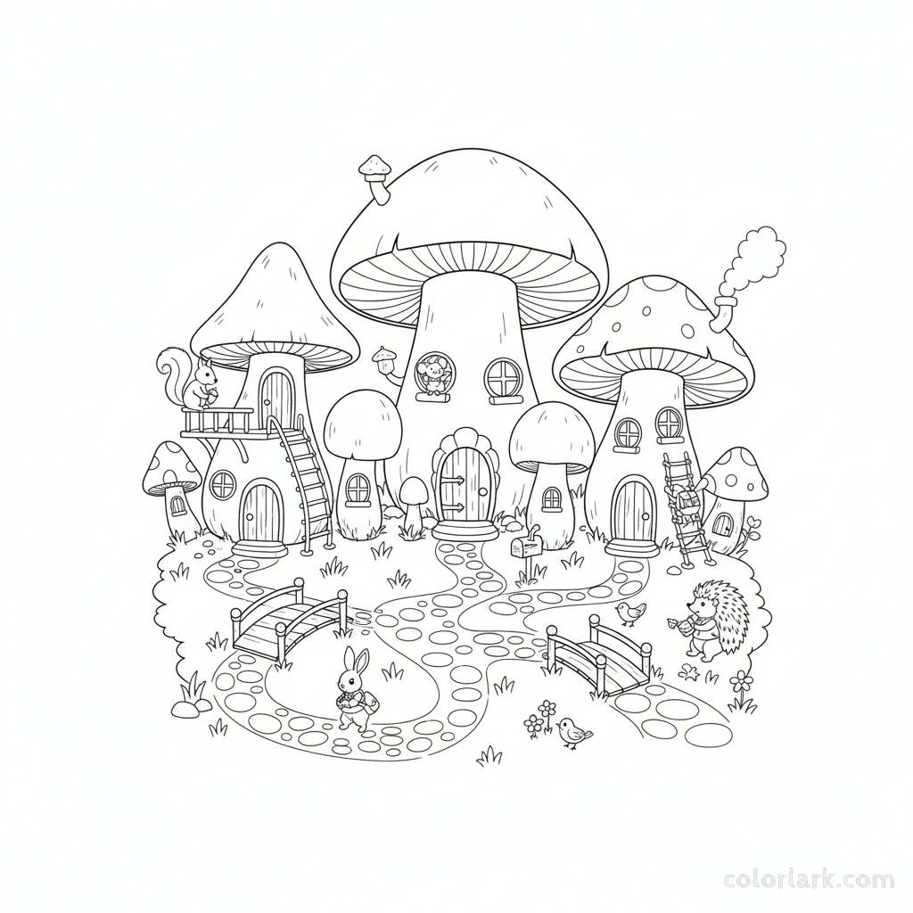 Black and white line art of a charming mushroom village with small doors, windows, and tiny forest animal residents, for coloring.