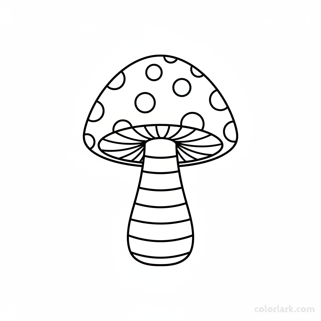 Black and white line art of a whimsical mushroom with a polka-dotted cap and striped stem, emphasizing playful patterns, for coloring.