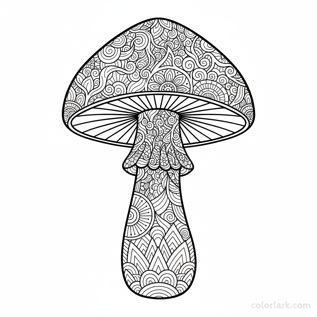 Black and white line art of a single large mushroom adorned with complex swirling patterns and Zentangle-inspired designs, for coloring.