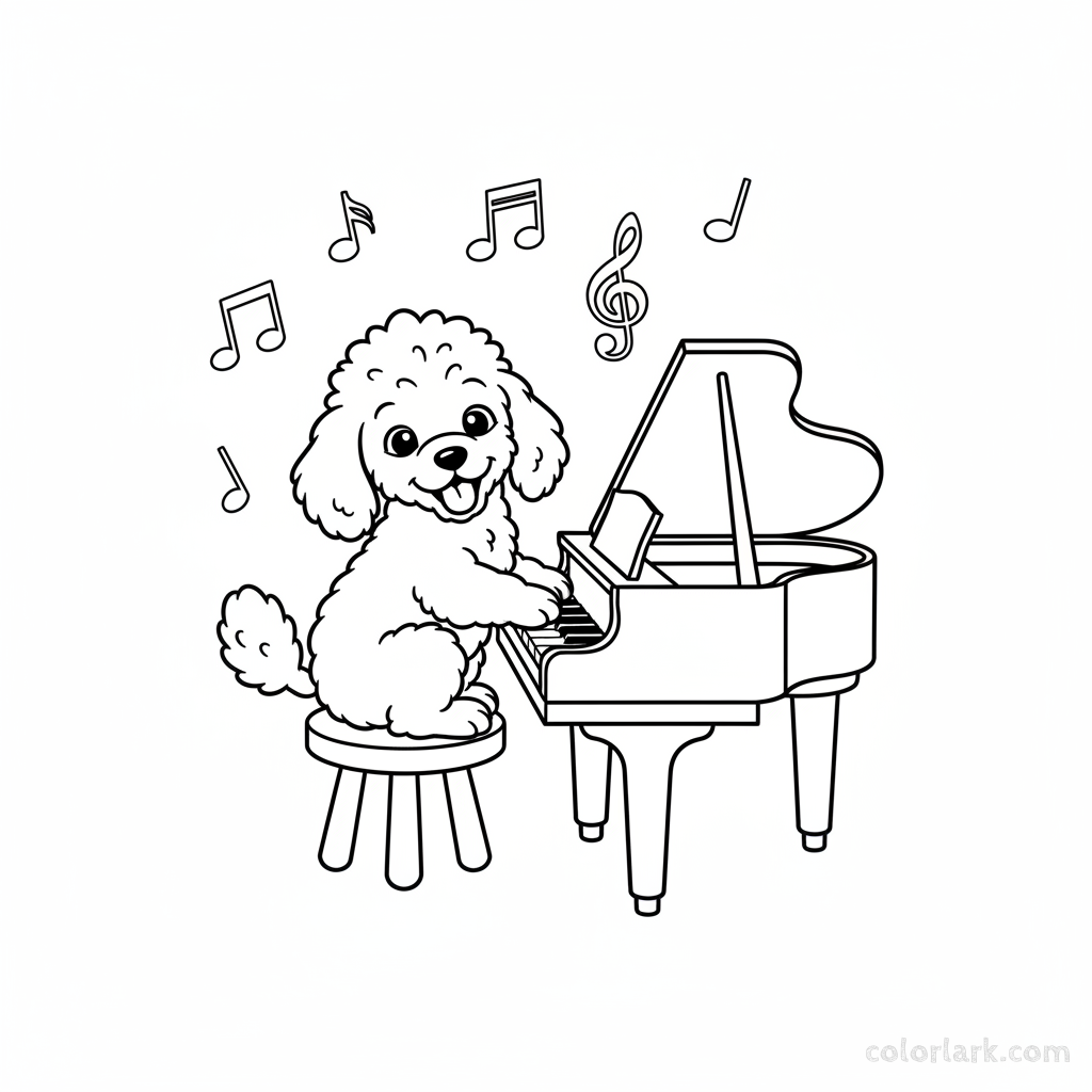Black and white line art of a Poodle puppy sitting at a toy piano, pressing keys with its paws, with musical notes outlined.
