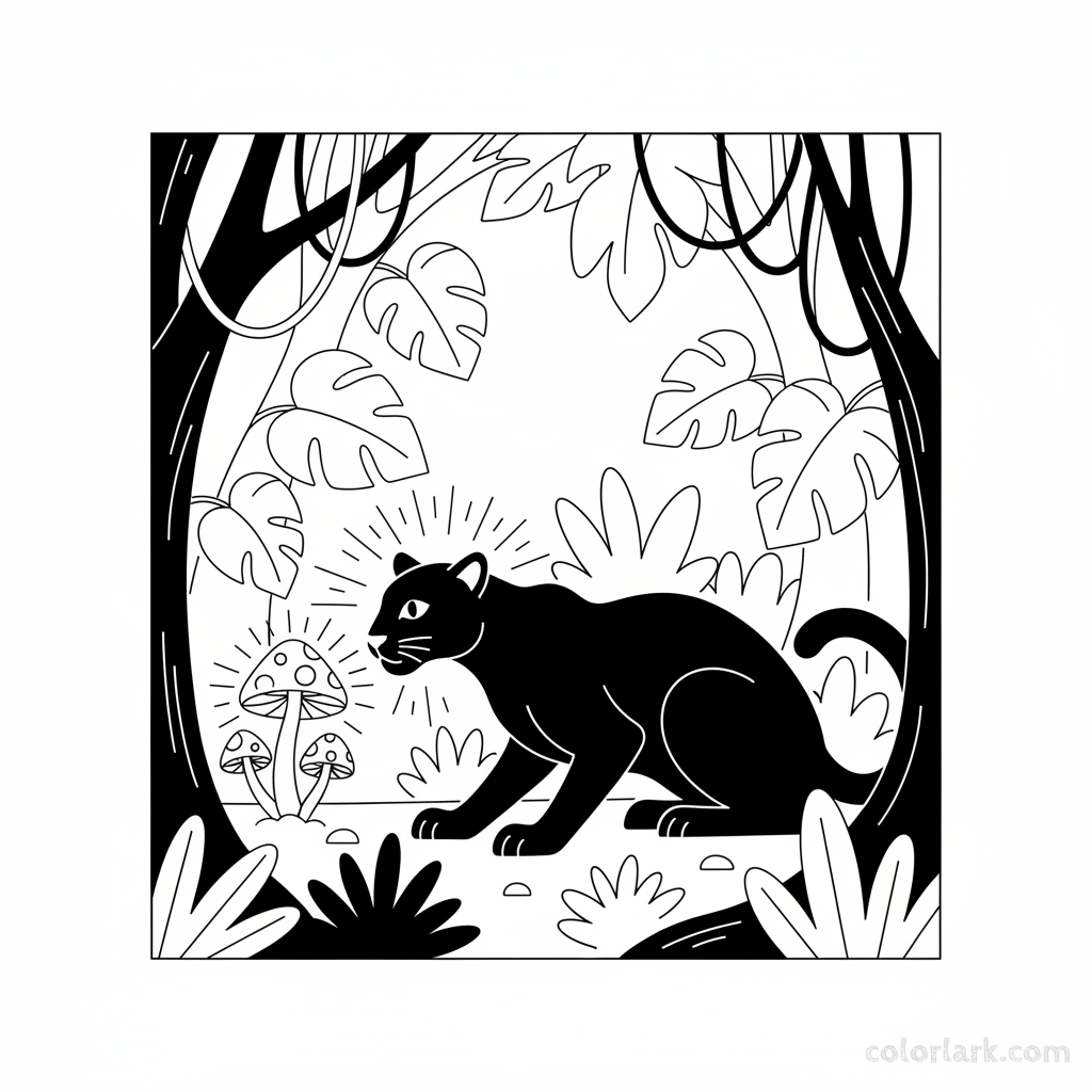 Indian Leopard and glowing mushrooms coloring page