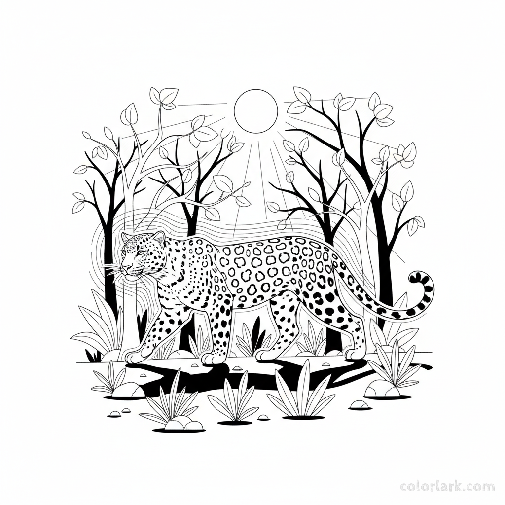 Mystical Indian Leopard in a moonlit jungle clearing coloring page.