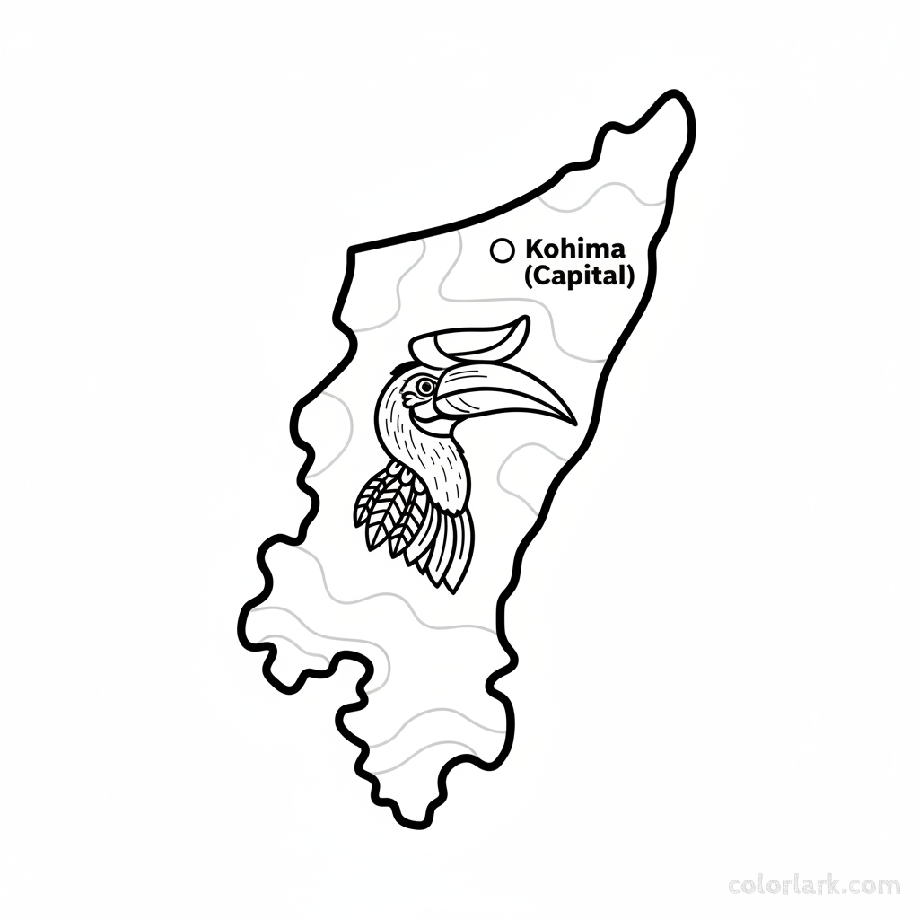 Line art coloring map of Nagaland state, featuring a Hornbill bird symbol representing its culture and Kohima.