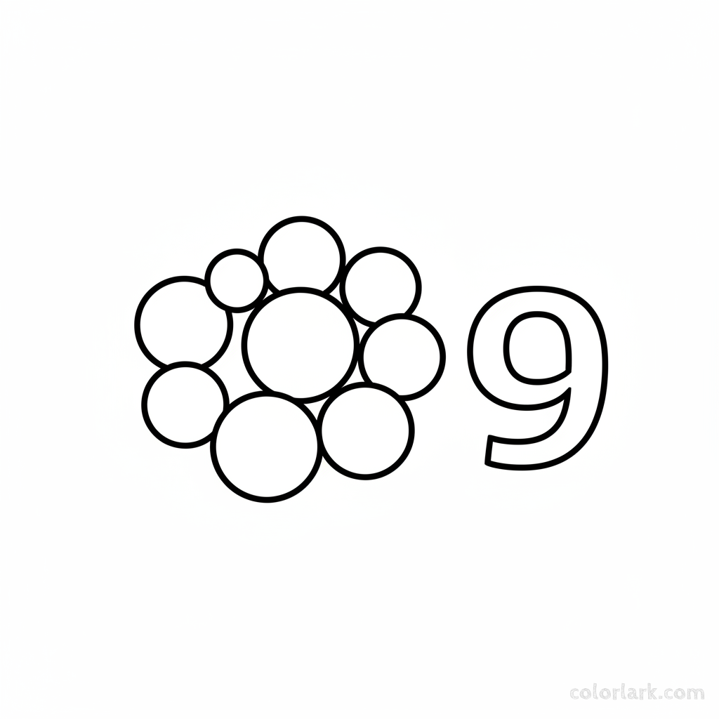 Black and white line art coloring page showing nine bouncy balls with the number 9.