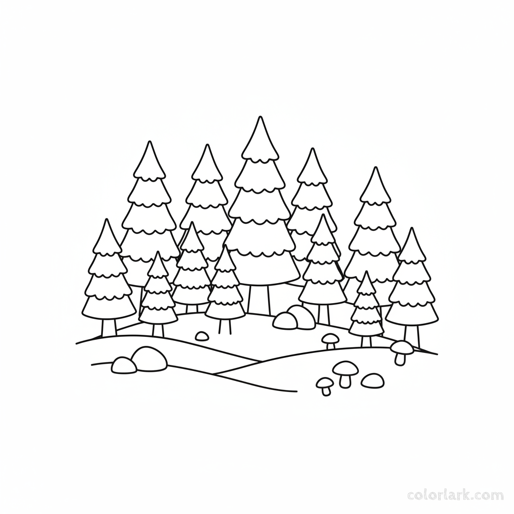 A black-and-white line art illustration of nine green pine trees in a forest, for a number 9 counting coloring page.