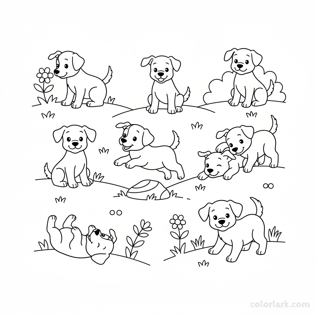 A black-and-white line art illustration showing nine playful brown puppies in a field, for learning to count the number 9.