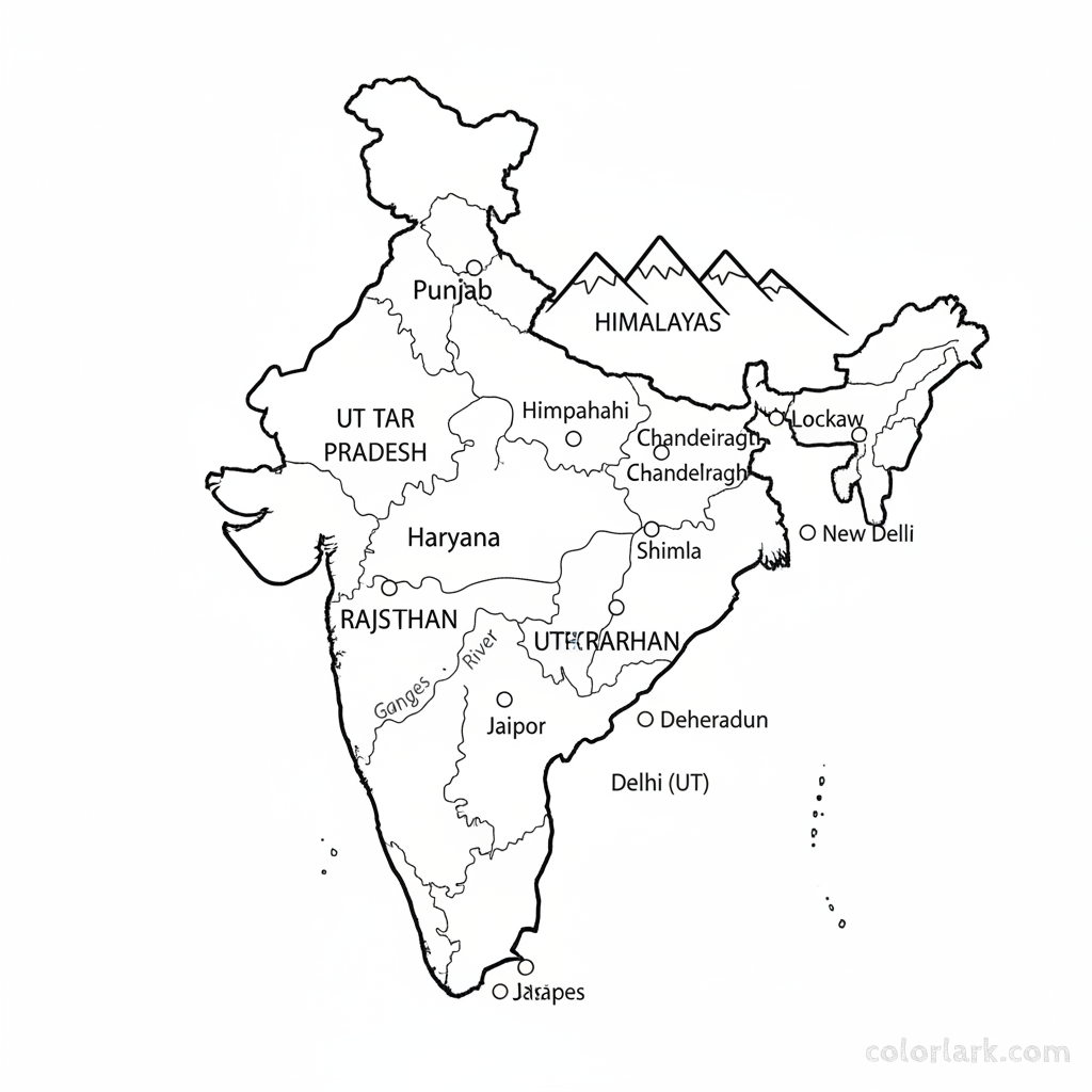 Line art coloring map of North Indian states including Uttar Pradesh, Punjab, Haryana, Rajasthan, Himachal Pradesh, Uttarakhand, and Delhi.
