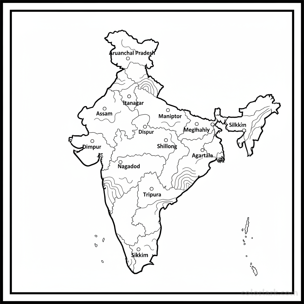 Line art coloring map of Northeast Indian states including the Seven Sisters and Sikkim, with their capitals.