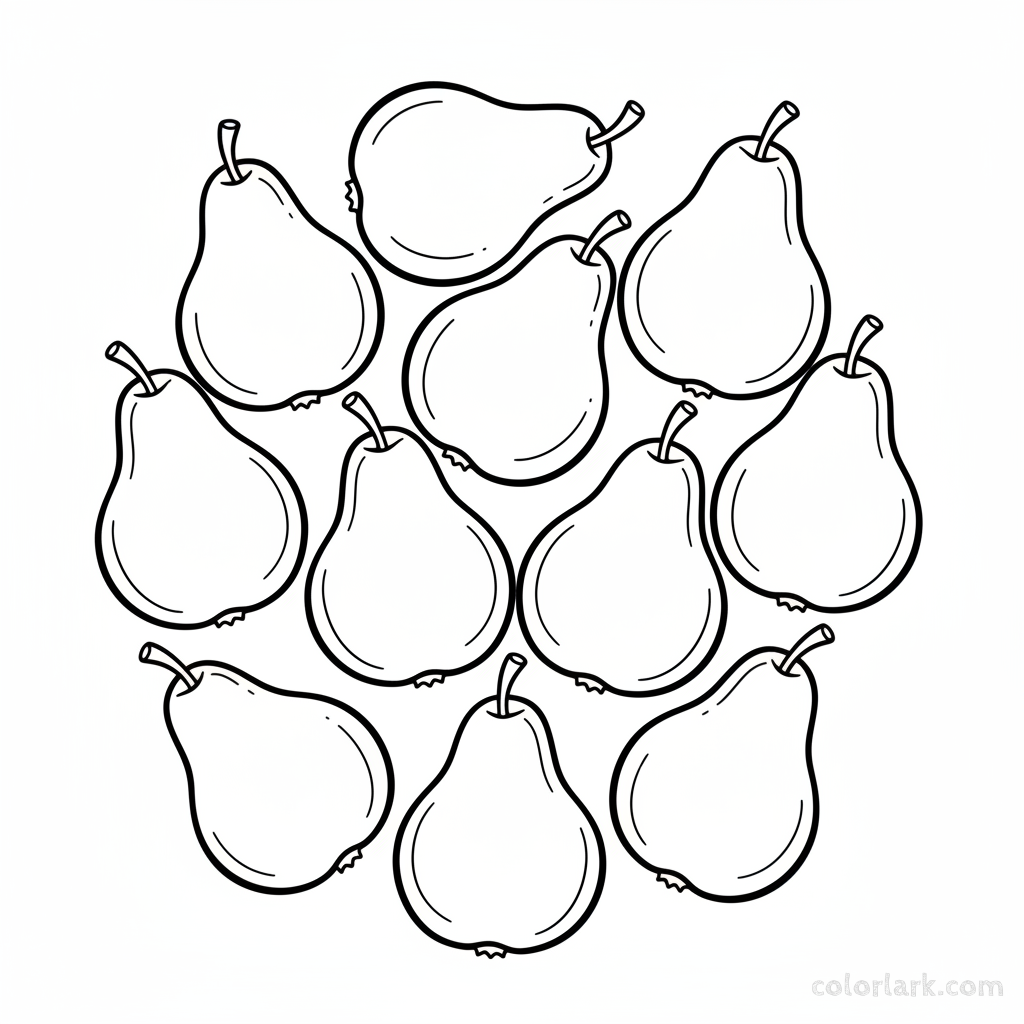 A black-and-white line art illustration depicting ten delicious green pears, used for teaching the number 10 to children.