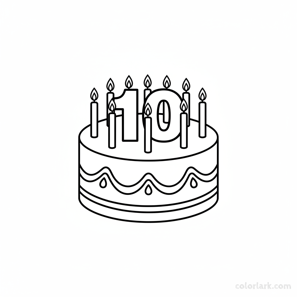 Black and white line art coloring page featuring ten candles on a cake, with the number 10.