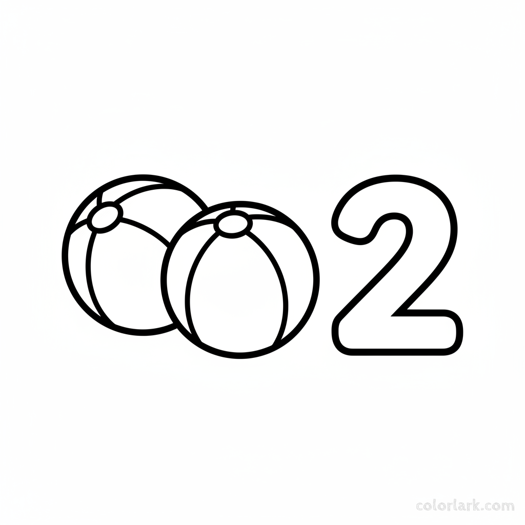 Black and white line art coloring page featuring two bouncy balls and the number 2.