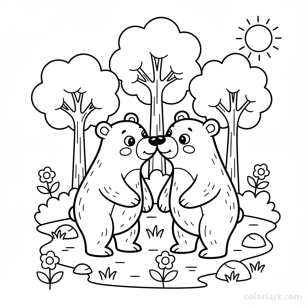 A black-and-white line art illustration depicting two cute brown bears in a forest, used for teaching the number 2 to children.