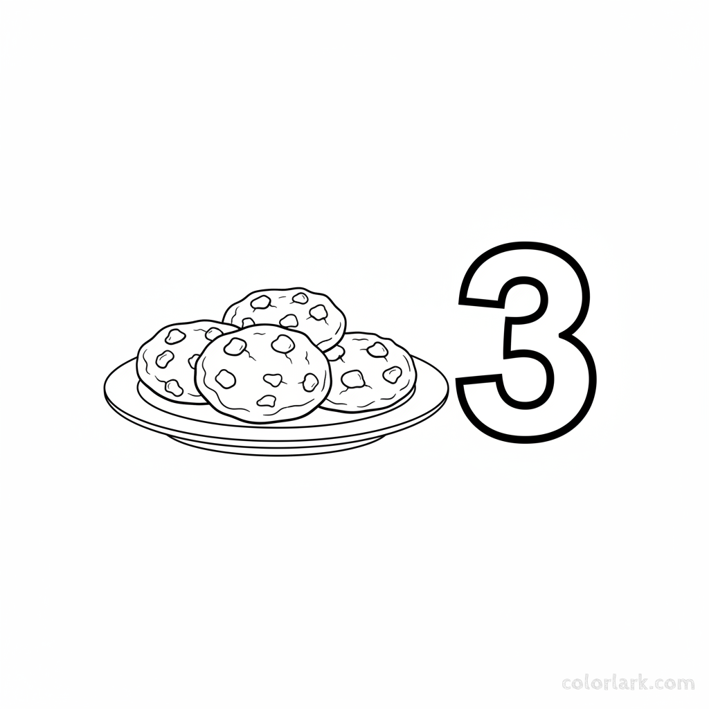 Black and white line art coloring page showing three cookies on a plate with the number 3.