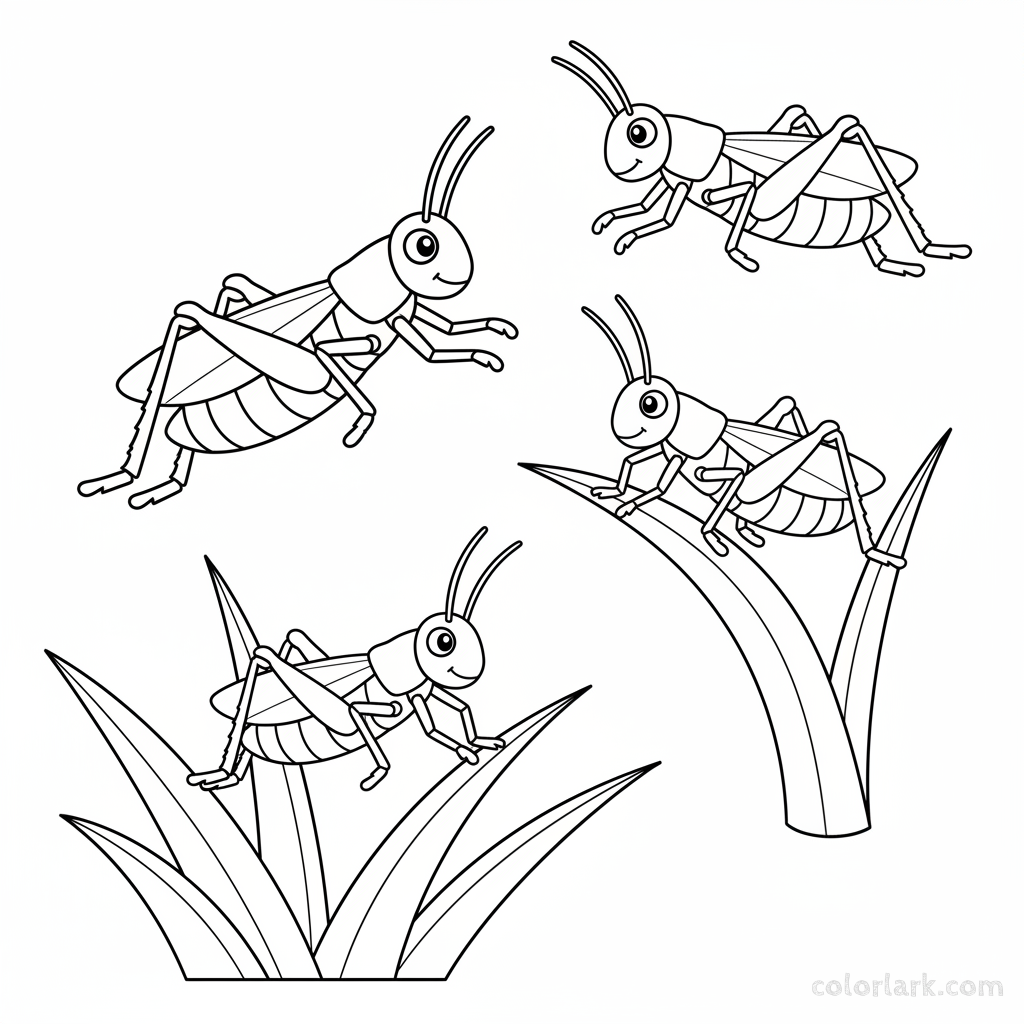 A black-and-white line art illustration depicting four green grasshoppers, used for teaching the number 4 to children.