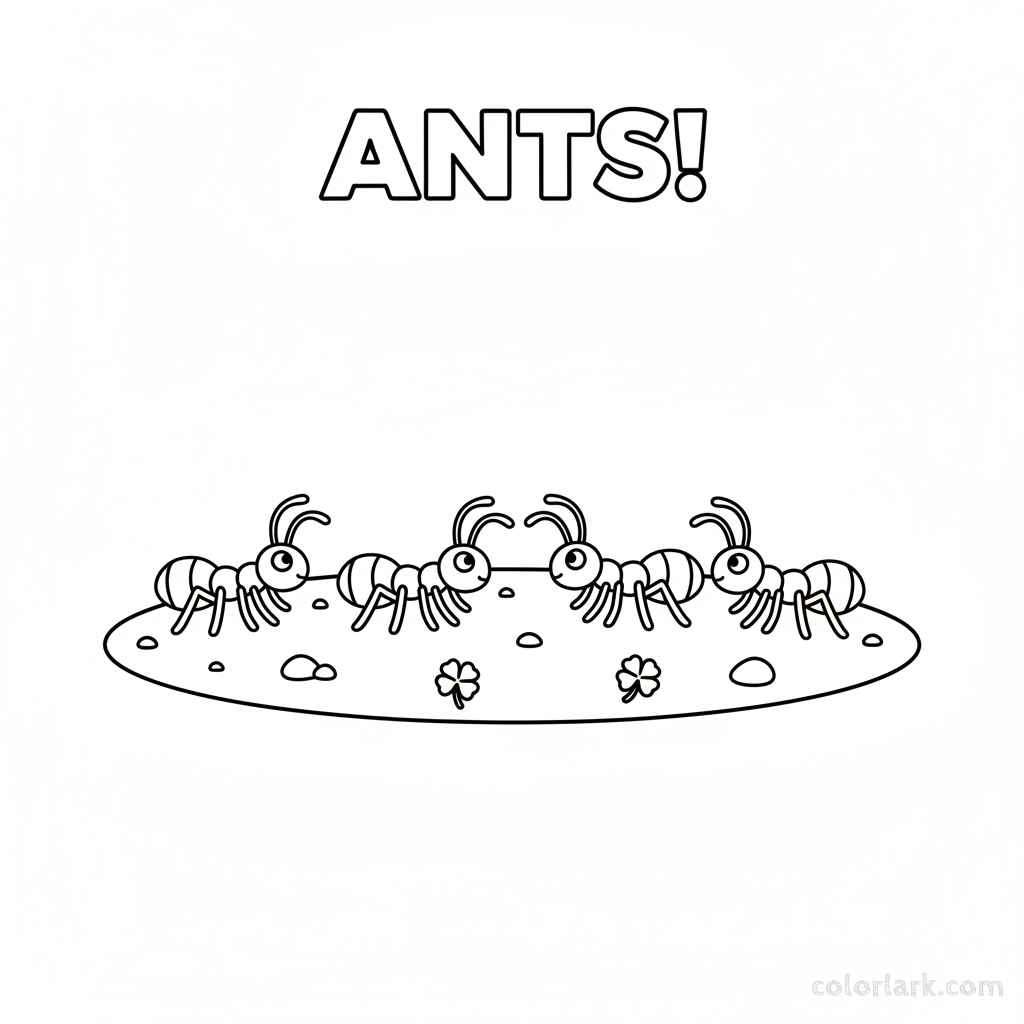 A black-and-white line art illustration depicting five busy red ants crawling, used for teaching the number 5 to children.