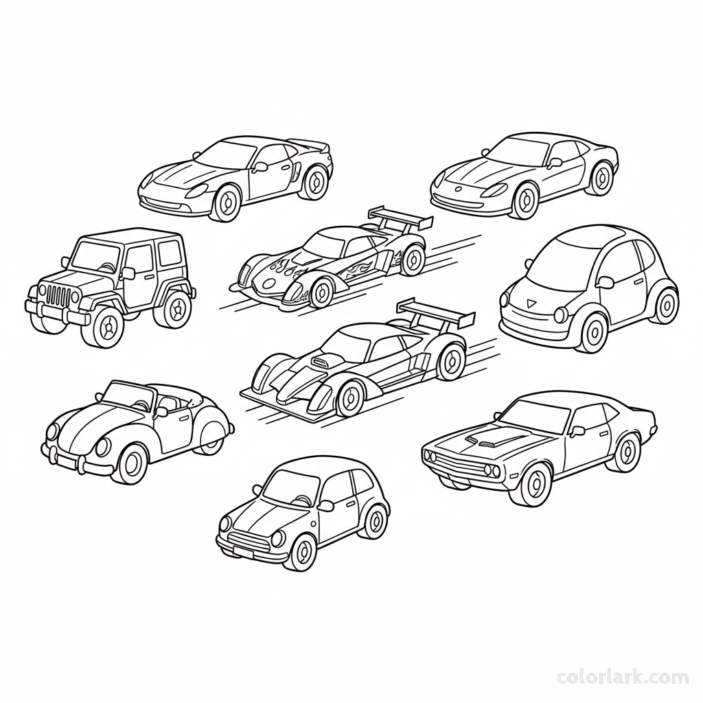 A black-and-white line art illustration depicting eight fast blue cars, used for teaching the number 8 to children.