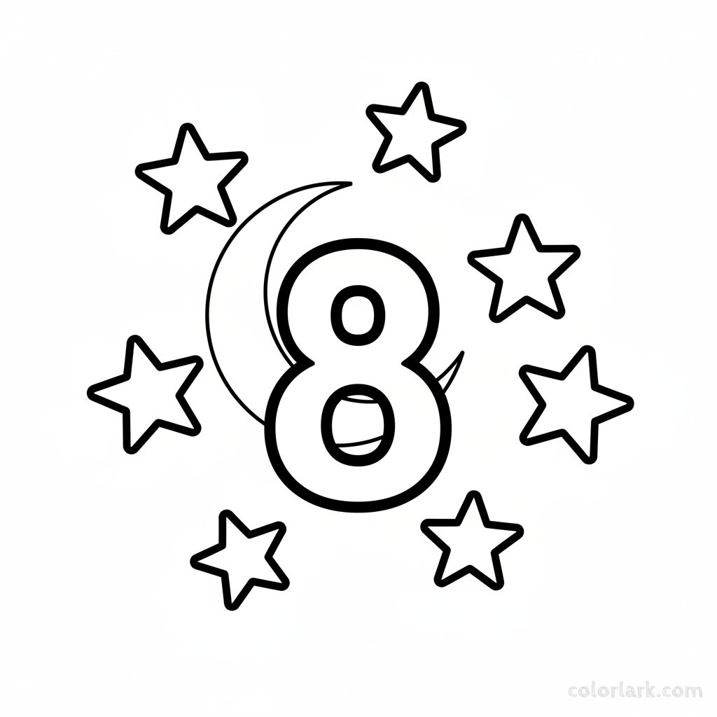 Black and white line art coloring page featuring eight stars with the number 8.
