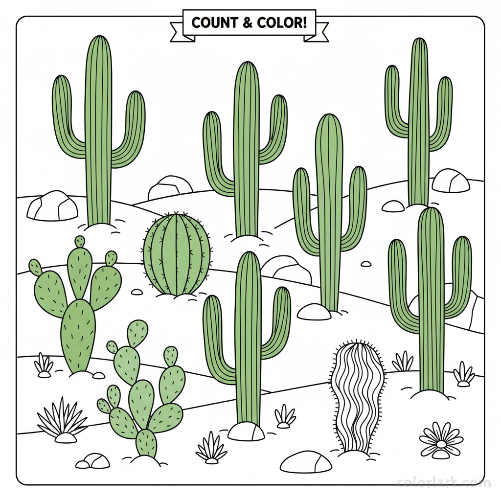 A black-and-white line art illustration depicting nine tall green cactuses in a desert, used for teaching the number 9 to children.