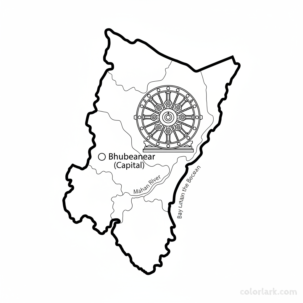 Line art coloring map of Odisha state, featuring the Konark Sun Temple and its coastline, with Bhubaneswar marked.