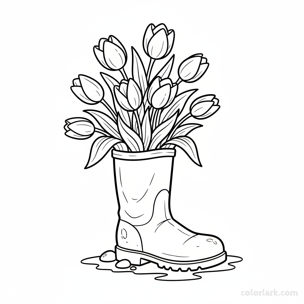 Line art illustration of tulips sprouting and blooming from an old worn boot