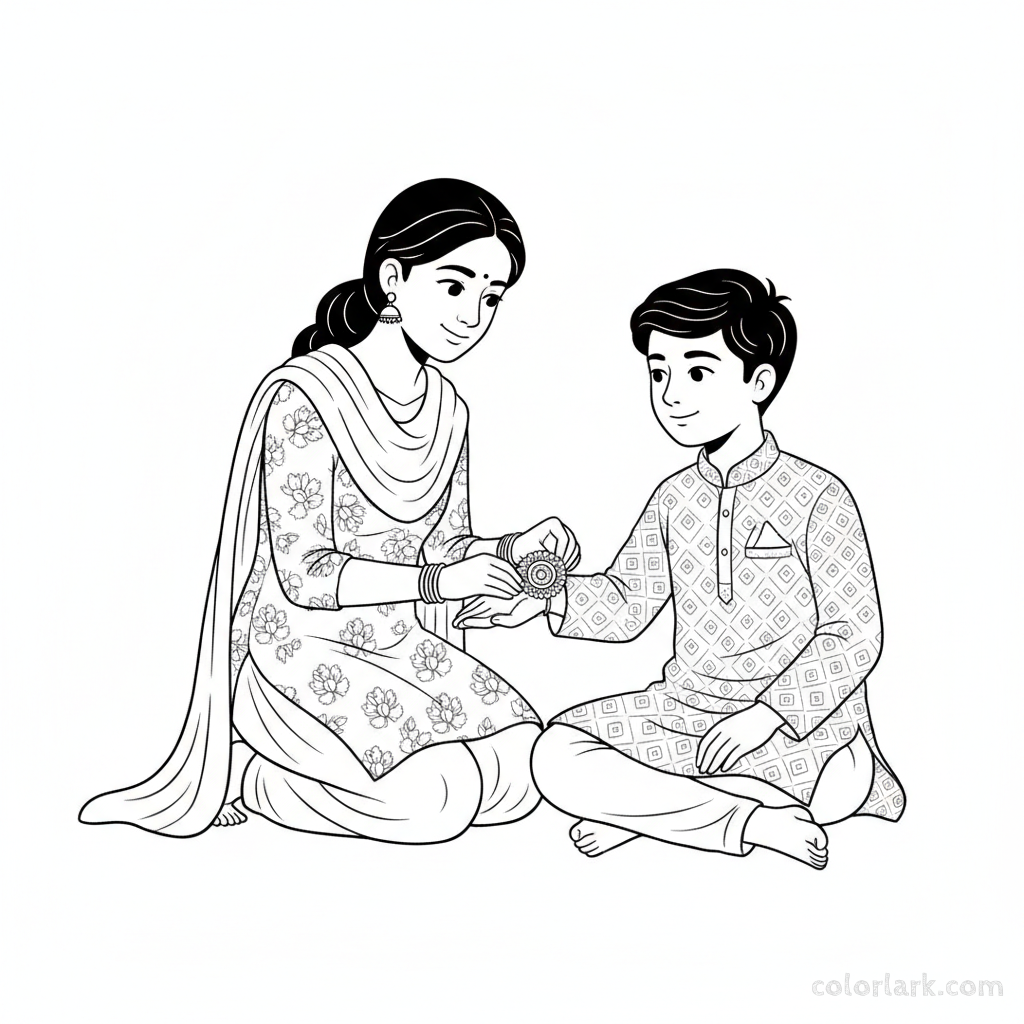Line art of an older sister tying an intricate Rakhi on her younger brother's wrist