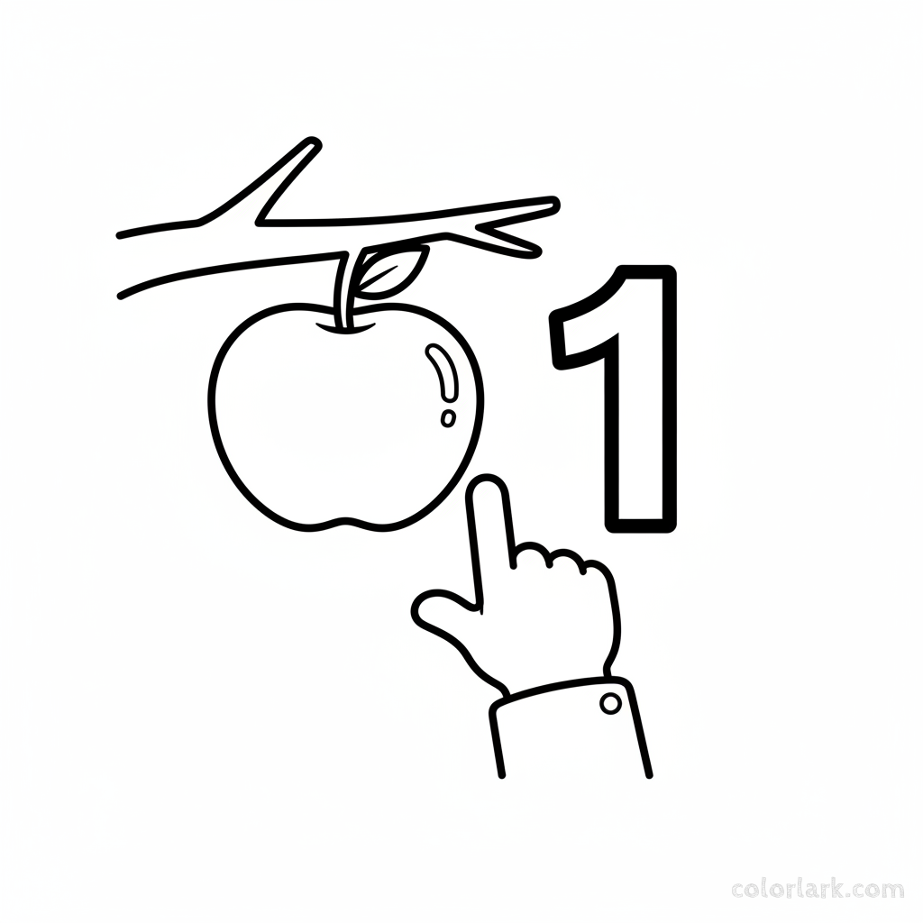 Black and white line art coloring page showing one apple on a tree branch, with the number 1.