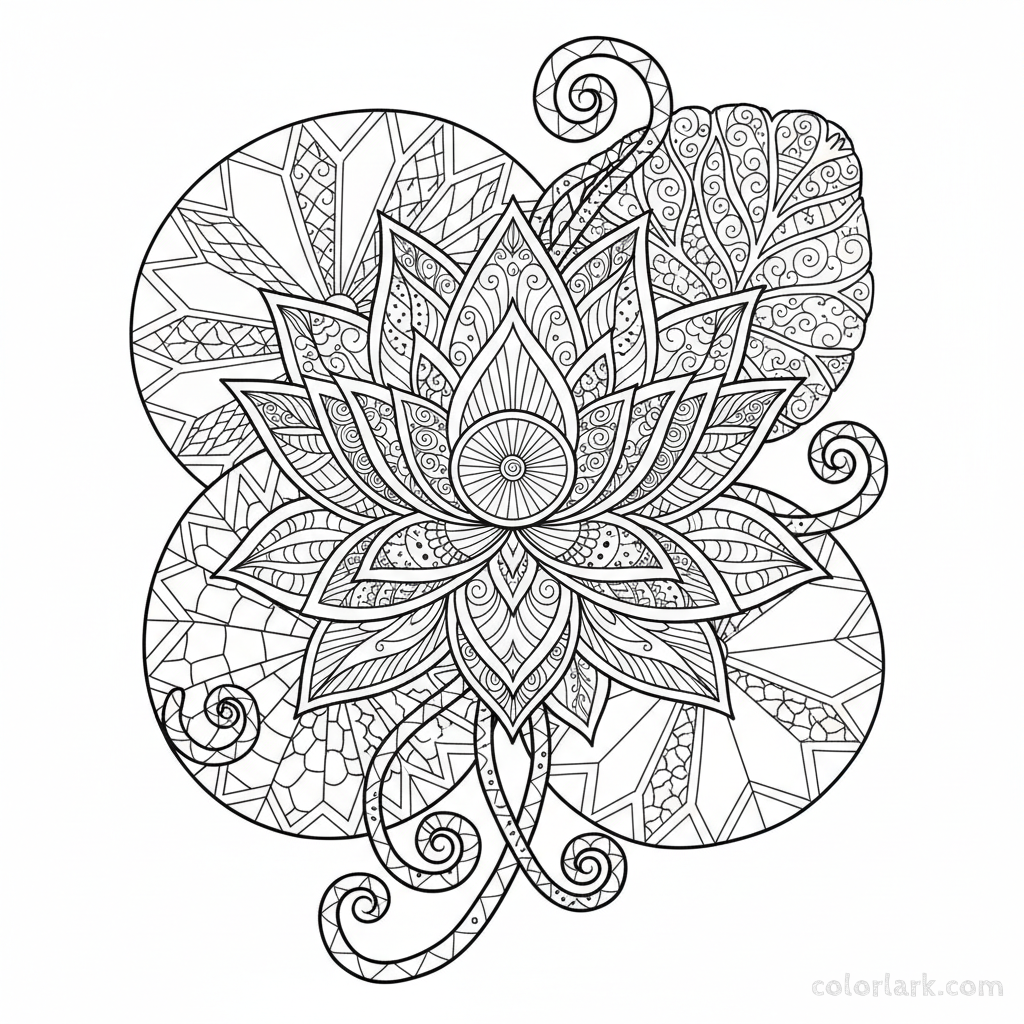 Black and white Zentangle drawing of an ornate lotus flower with complex patterns.