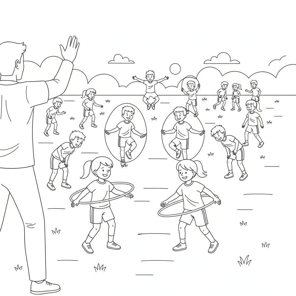 Line art of an outdoor exercise class with hula hoops and skipping ropes