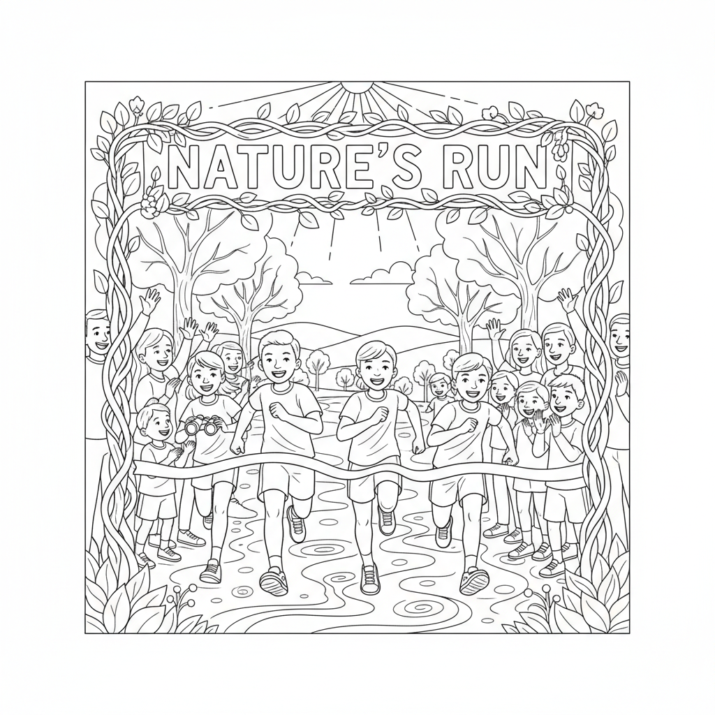 Line art of kids sprinting on a park path to an outdoor running event finish line with a cheering crowd