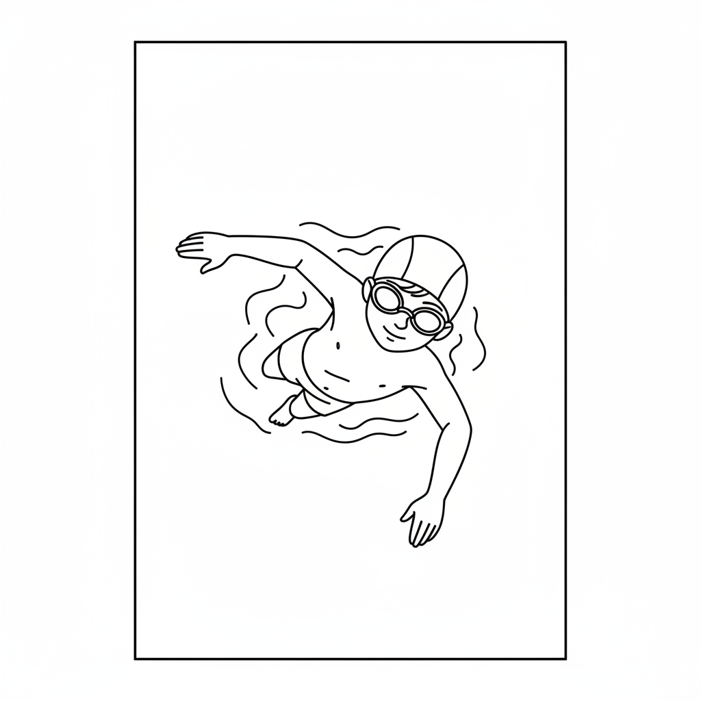 Black and white line art overhead view of a child swimming freestyle in a pool, wearing a swim cap and goggles.