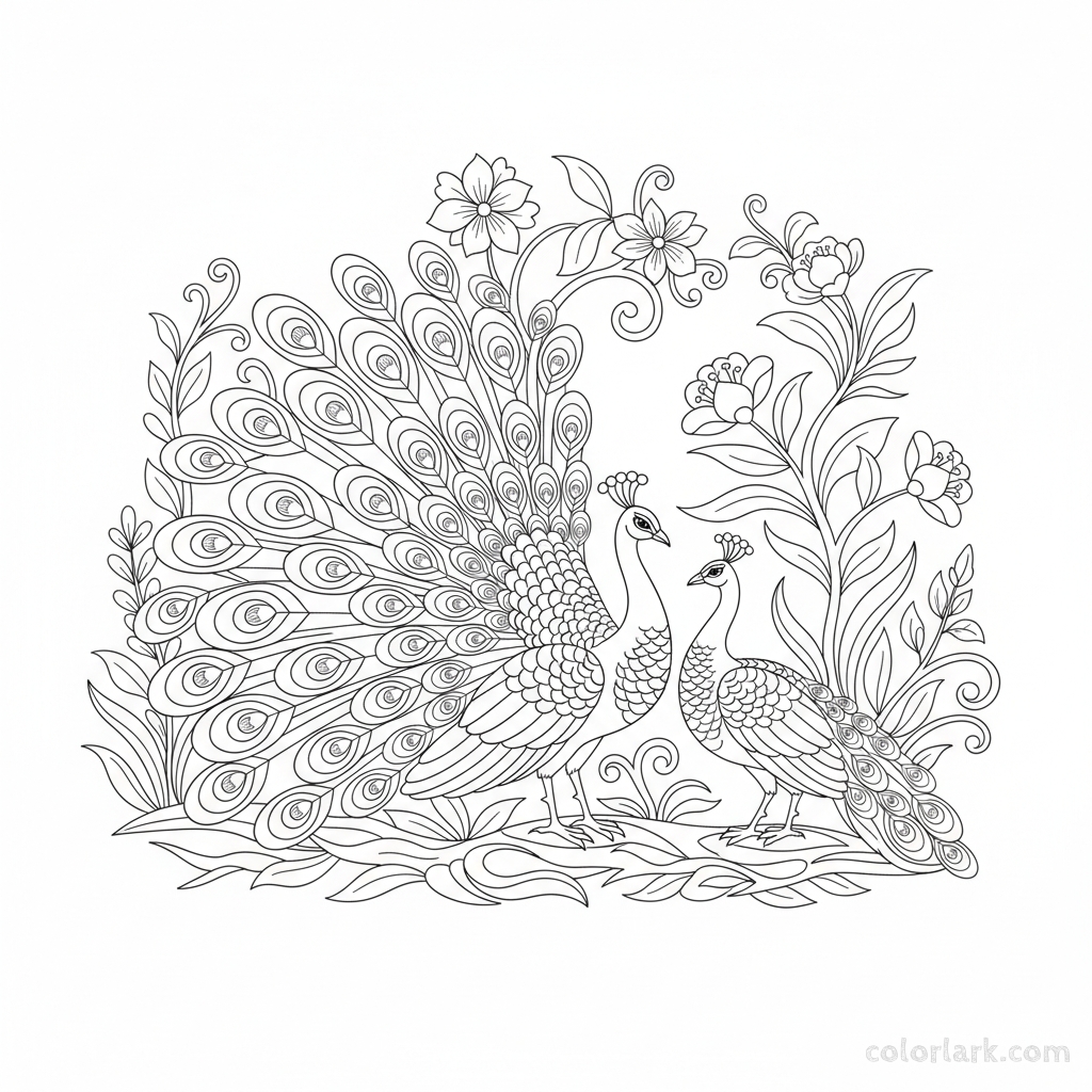 Detailed peacock feathers coloring page - Free printable art for kids & adults.