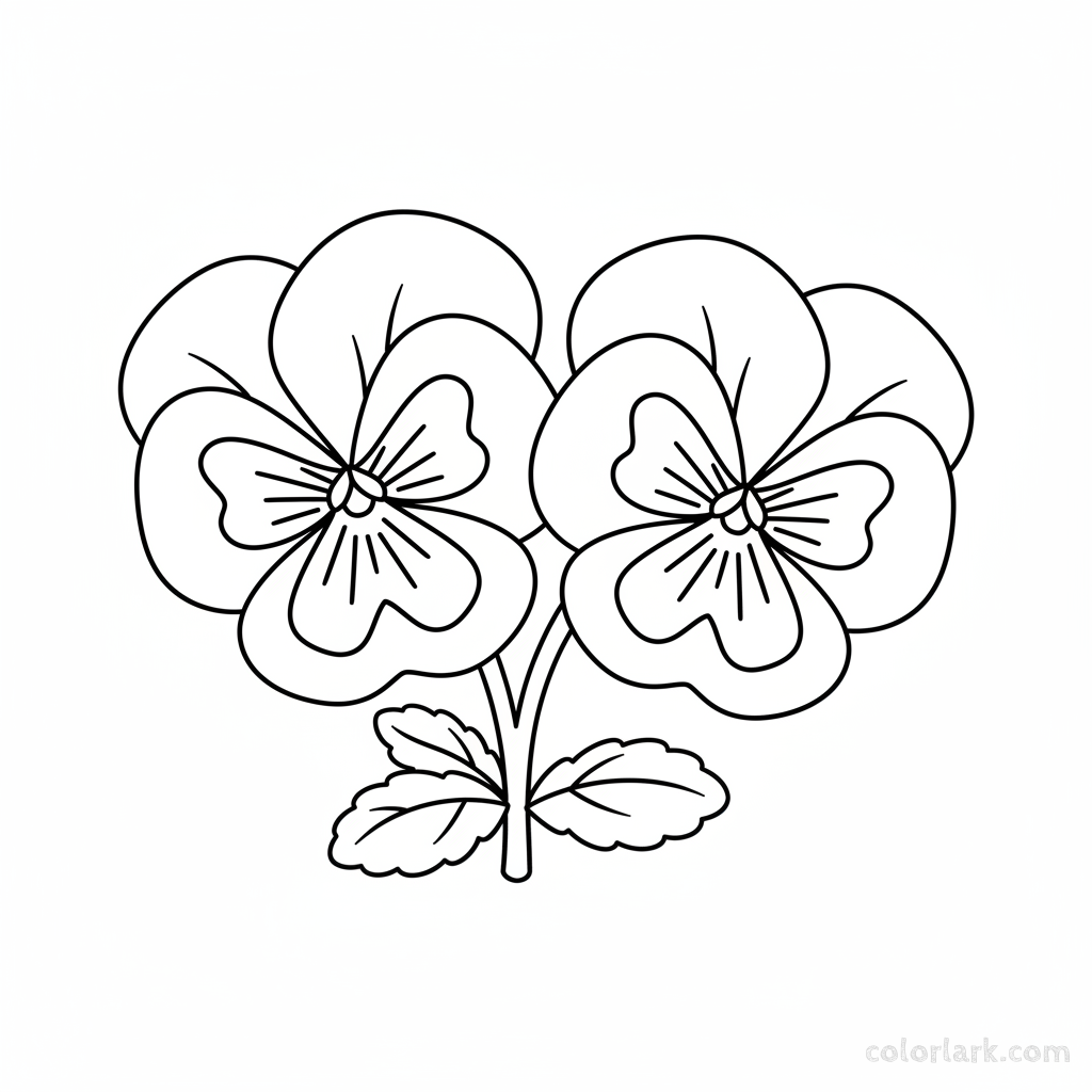 Black and white line art of two pansy flowers, showing their unique markings and overlapping petals, with stems and leaves.
